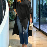 Women's Skew Neck Batwing Sleeve Tee Asymmetric Loose Cape Blouse Slit Elegant Top