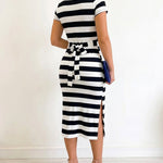 Women's Casual Striped Midi Dress Short Sleeve Crewneck Tie Waist T Shirt Dress Side Slit Commuting Dress