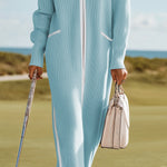 Sporty And Stylish White-trimmed Blue Knit Maxi Dress