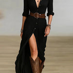 Margovil Lapel V Neck Long Sleeves Button Up Slit Maxi Dress