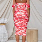 Off Shoulder Ruched Mesh Overlay Floral Midi Dress
