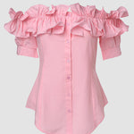 Ruffles Off Shoulder Short Sleeve Button Front Blouse Asymmetrical Hem Top