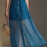 Exquisite Fashionable Front Button V-neck Short-sleeved Outer Cover Organza Blue Denim Maxi Dress