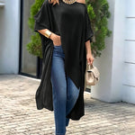 Women's Skew Neck Batwing Sleeve Tee Asymmetric Loose Cape Blouse Slit Elegant Top
