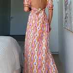 V Neck Short Sleeves Backless Printed Maxi Dress
