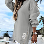 Letter Patch Detail Long Sleeve Drop Shoulder Pullover Sweatshirt Casual Zipper Side Slit Top