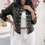 Button Decor Stand Collar Long Sleeve Jacket Casual Denim Coat