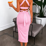 Women's Two Piece Set Criss Cross Halter Backless Crop Top and High Slit Ruched Skirt Sexy Matching Set