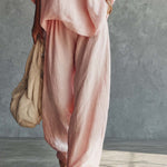 Casual Urban Bohemian Style V-neck Pink Cotton Blouse And Pants Set
