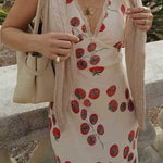Sleeveless V Neck Lace Trim Tomato Print Maxi Dress