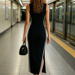 Retro Fashion Striped Black Knitted Ribbed V-Neck Slit Sports Maxi Dress