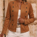 Double Breasted Decor Stand Collar Open Front Faux Suede Jacket Casual Coat