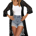 Nadorine Women Lace Crochet Coverups Open Front Cardigan Sheer Cover Up 3/4 Sleeve Kimono (US Only)