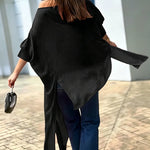 Women's Skew Neck Batwing Sleeve Tee Asymmetric Loose Cape Blouse Slit Elegant Top