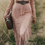 Western Retro Pink Long-sleeved Tassel Midi Dress