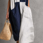Retro White And Blue Color Blocked Cotton And Linen Short Sleeved Midi Dress