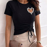 Women's Heart Cutout Rhinestone T-Shirt Short Sleeve Side Drawstring Ruched Top Slim Fit Sparkly Party Tee