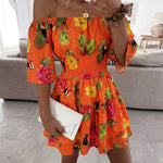 Women's Stretchy Off Shoulder Vacation Dress Tropical Fruit Floral Shirred Waist Ruffle Hem A Line Dress