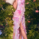 Margovil V Neck Backless Ruffle Trim Slit Floral Print Maxi Cami Dress