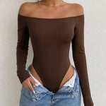 Women's Off Shoulder Bodysuit Minimalist Long Sleeve Sexy Slim Fit Bodysuit with Built-In Bra