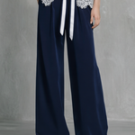 Women's Elegant Navy Blue Milk Silk Lace-paneled Wide-leg Pants Set