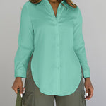 Turn-down Collar Roll Up Sleeve Button Front Shirt Casual Side Slit Curved Hem Top