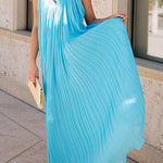 Halter V Neck Open Back Pleated Maxi Dress