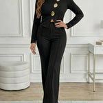 Golden Button Decor Long Sleeve Seam Front Overalls Casual Zipper Back Faux Two-Piece Commuting Jumpsuit