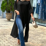 Women's Skew Neck Batwing Sleeve Tee Asymmetric Loose Cape Blouse Slit Elegant Top