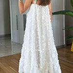 Margovil V Neck Sleeveless Flower Applique Ruffle Maxi Dress