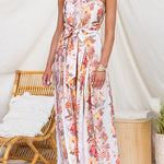 Strapless Floral Print Tie Waist Split Wide Leg Jumpsuit