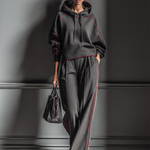 Women's Dark Gray Air Layer Red Contrasting Edge Hooded Sweatshirt And Straight Pants Set