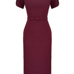 Mockneck Puff Short Sleeves Back Slit Midi Dress