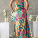 One Shoulder Cut Out Waist Pleated Maxi Print Dress