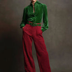 Retro Green Velvet Pleated Long-sleeved Shirt And Houndstooth Wide-leg Pants Set