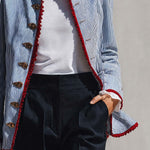 Elegant Vintage Ruffled Stand Collar Lace Trim Blue And White Striped Jacket