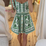 V Neck Bow Shoulder Crop Top High Rise Mini Skirt Printed Set