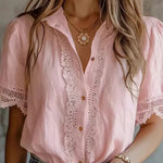 Margovil Lapel Short Sleeves Button Up Lace Trim Top