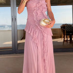Margovil Strappy Halter Neck Ruffle Trim Asymmetric Hem Pleated Maxi Dress