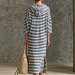 Casual Sporty Retro Black And White Striped Pure Cotton Hooded Midi Dress