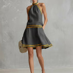 Elegant Color-Block Trim Orange Cotton-Linen Halter Sleeveless Mini Dress