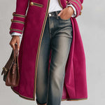Vintage Military Magenta Gold Button Braided Trim Stand Collar Long Wool Coat
