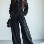 【24-hour shipping out】Casual Loose Retro Denim Zipper Elastic Waist Lapel Long Sleeve Jumpsuit