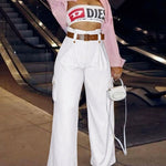Women's Pockets Design Cargo Pants Casual High Waisted Trousers with Contrast Belt