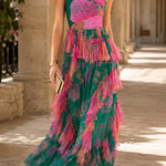 Spaghetti Strap High Waist Printed Ruffle Maxi Dress