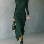 Women's Dark Green High-elastic Knitted High-neck Wrap Dress Midi Dress