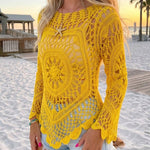 Women's Crochet Hollow Out Knit Top Batwing Sleeve Loose Cover Up Asymmetric Hem Sheer Bohemian Knitwear