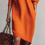 Comfortable And Fashionable Lapel Front Button Orange Knitted Midi Dress