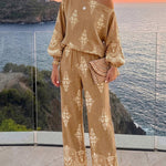 Women's 2 Piece Vintage Print Bohemian Outfit Skew Neck Lantern Sleeve Top and High Waisted Pants Set Casual Vacation Set