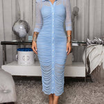 Women's 2 Piece Set Mesh Ruched Midi Dress Puff Sleeve Button Down Sheer Overlay Bodycon Dress with Camisole Slip Dress